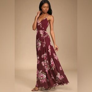 Lulus Elegantly Inclined Burgundy Floral Print Wrap Maxi Dress
